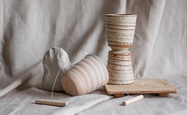 Close-up of three ceramic cups next to pottery tools